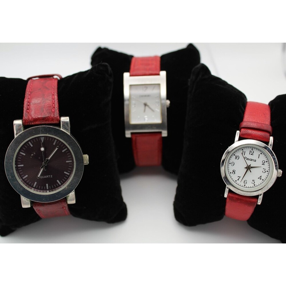 Vintage Red Strap Womens Quartz Watch Lot 3 Pc Square Round Pavana Repairs